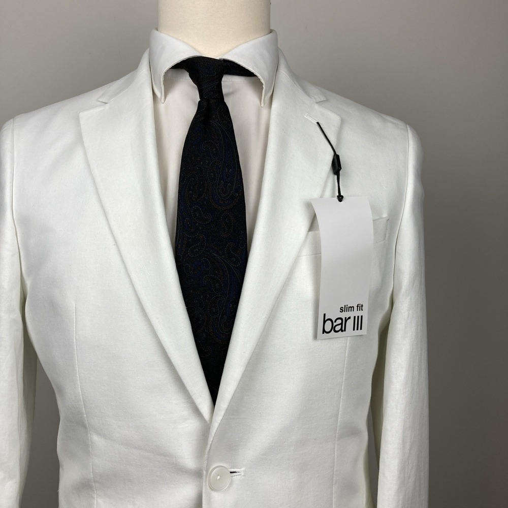 Bar III Mens Slim fit Suit Jacket Blazer 42 R White Solid Linen Blend F03388 - Picture 2 of 9